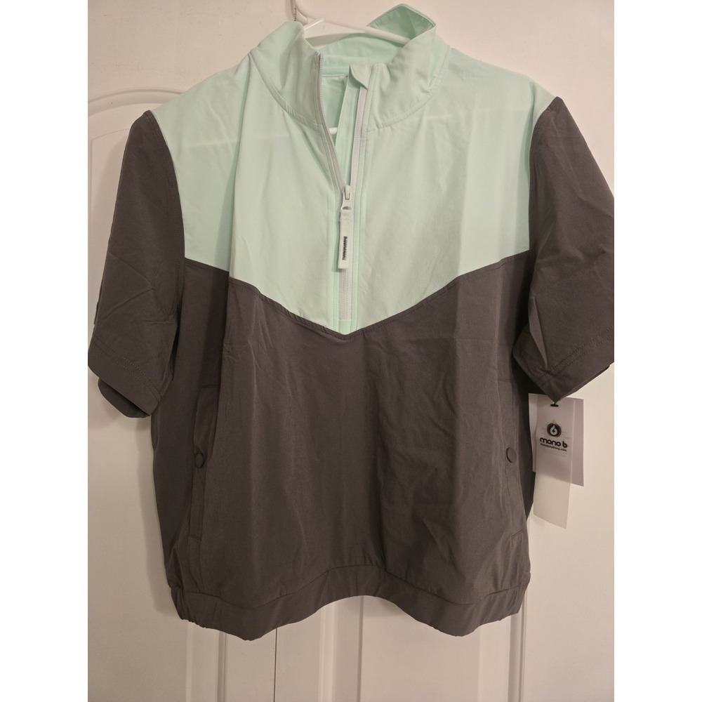 Mono B Women Windbreaker Pullover Short Sleeve Size S Mint Green Gray Workout